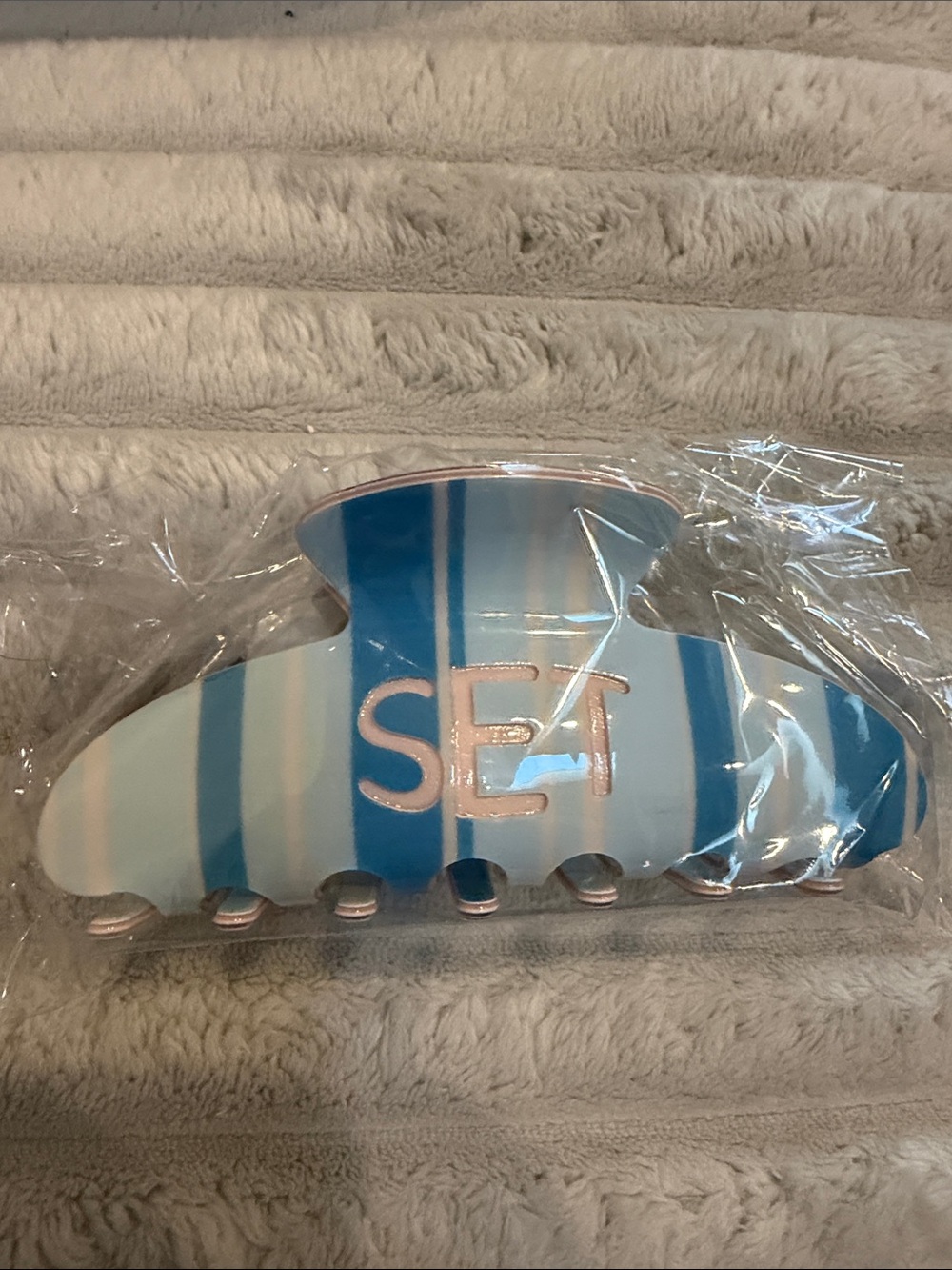 SET Active Blue and White Striped Hair Claw Clip with Raised Logo